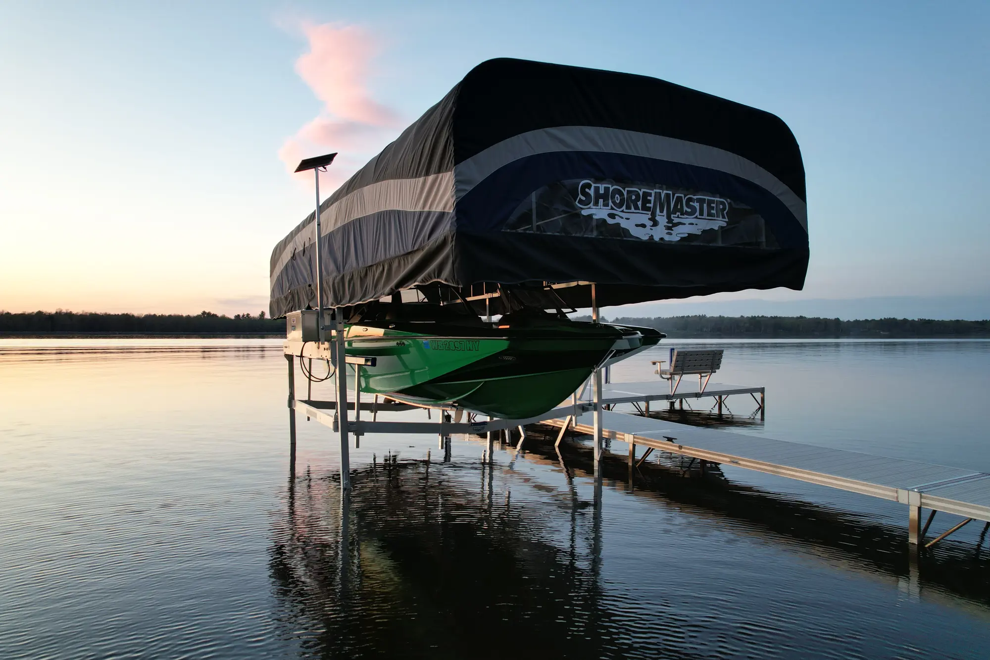 Aerial view of a ShoreMaster dock system extending into the lake