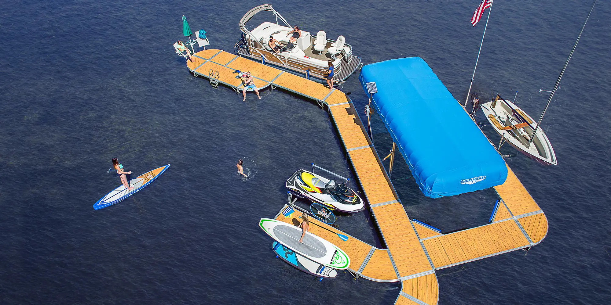 Complete ShoreMaster waterfront with curved dock sections, boat lifts, and accessories